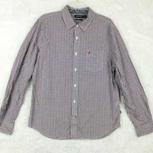 Nautica Mens Shirt Button Down Slim Fit Long Sleeve‎ Pocket Check Blue Red L